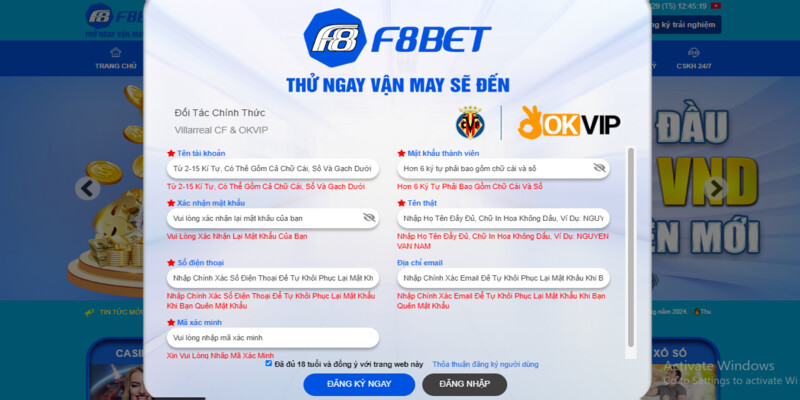 Biểu mẫu đăng ký thành viên F8BET